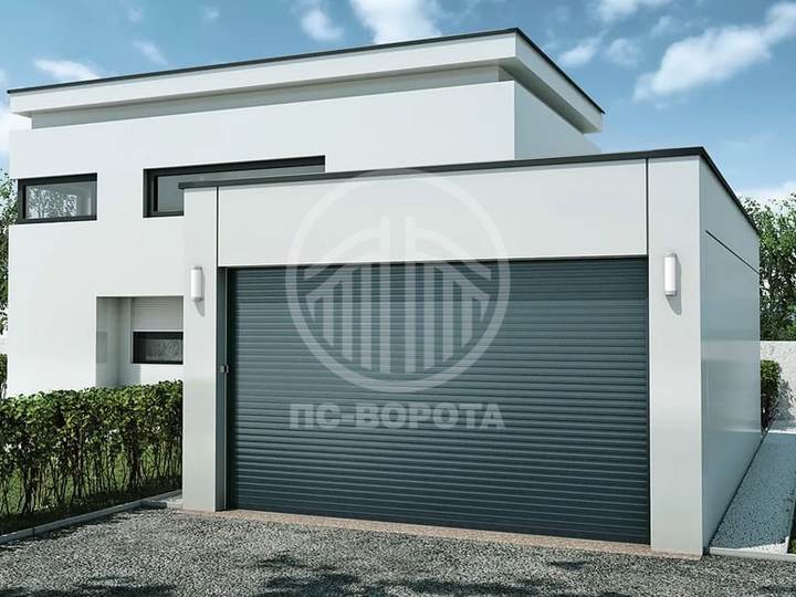 металлические ворота секционные из сэндвич панелей S-гофр серого цвета с автоматикой DoorHan